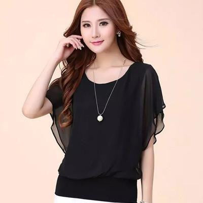 Women Blouse High Chiffon Soft Stretchy Fabric Plus Size XS-4XL Ruffle Batwing Short Sleeve Casual Shirt