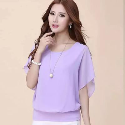 Women Blouse High Chiffon Soft Stretchy Fabric Plus Size XS-4XL Ruffle Batwing Short Sleeve Casual Shirt