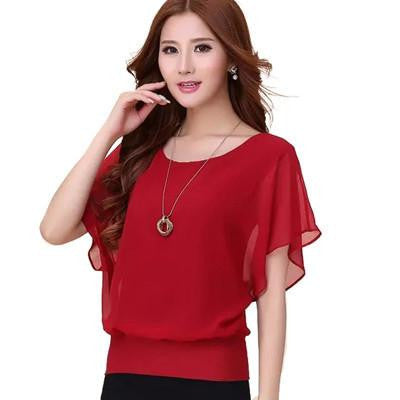 Women Blouse High Chiffon Soft Stretchy Fabric Plus Size XS-4XL Ruffle Batwing Short Sleeve Casual Shirt