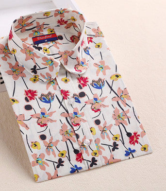 Style Women Blouses Pattern Cotton Shirts Long Sleeve Floral Women Clothes Casual Plus Size Turn-Down Collar Cotton Blouses