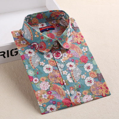 Style Women Blouses Pattern Cotton Shirts Long Sleeve Floral Women Clothes Casual Plus Size Turn-Down Collar Cotton Blouses