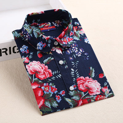 Style Women Blouses Pattern Cotton Shirts Long Sleeve Floral Women Clothes Casual Plus Size Turn-Down Collar Cotton Blouses