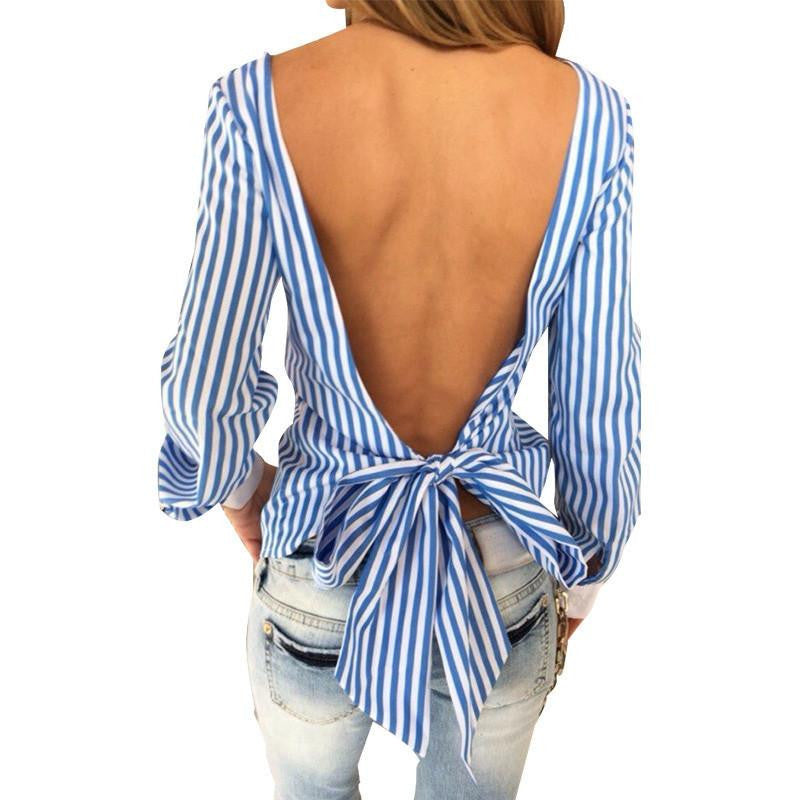 sexy backless blue striped women blouses casual long sleeve girls blouse Hollow out bow
