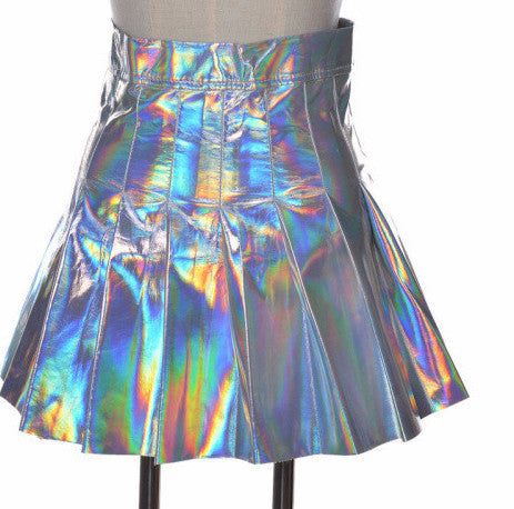 Punk Style Women Harajuku Skirt Holographic Hologram Metallic Skirt Silver Pleated Mini Skirt Saia