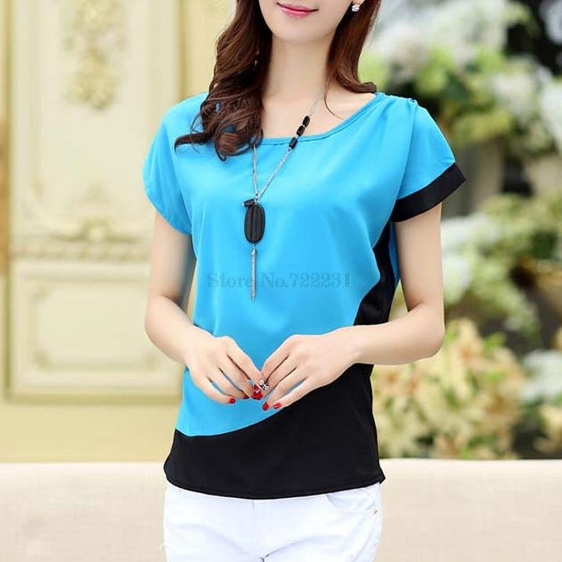 Online discount shop Australia - Blue Orange Red style Chiffon Blouses Women Casual Fashion Patchwork Short Sleeve Shirt Tops plus size