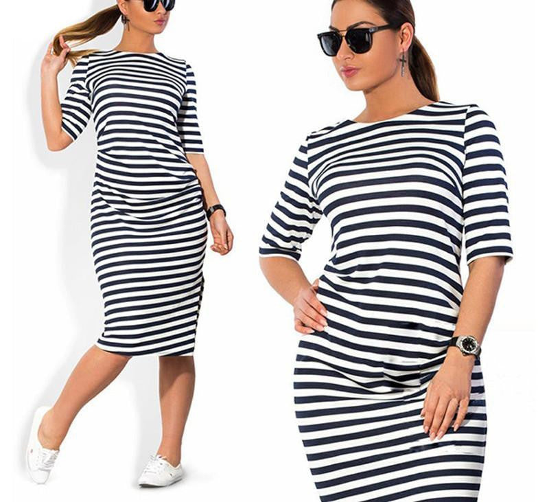 Striped Autumn women dresses big sizes plus size women clothing Knee-Length dress casual o-neck loose dress
