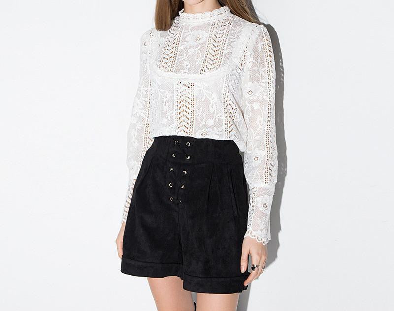 Womens Fashion Long Sleeve Blouse Net Hollow Out Blouse Embroidery Sheer Lace Lady Shirts Female Top
