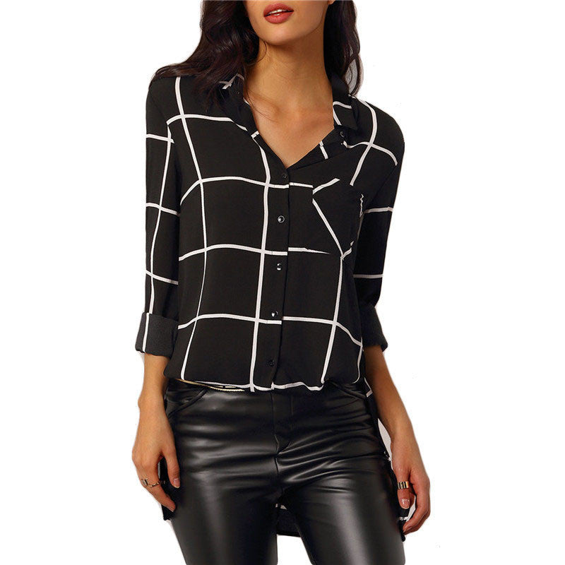 Online discount shop Australia - Long-sleeved Shirt Fashion Big Grid Children Women Blouses Long Shirts Casual Chiffon Black Blouse For Women