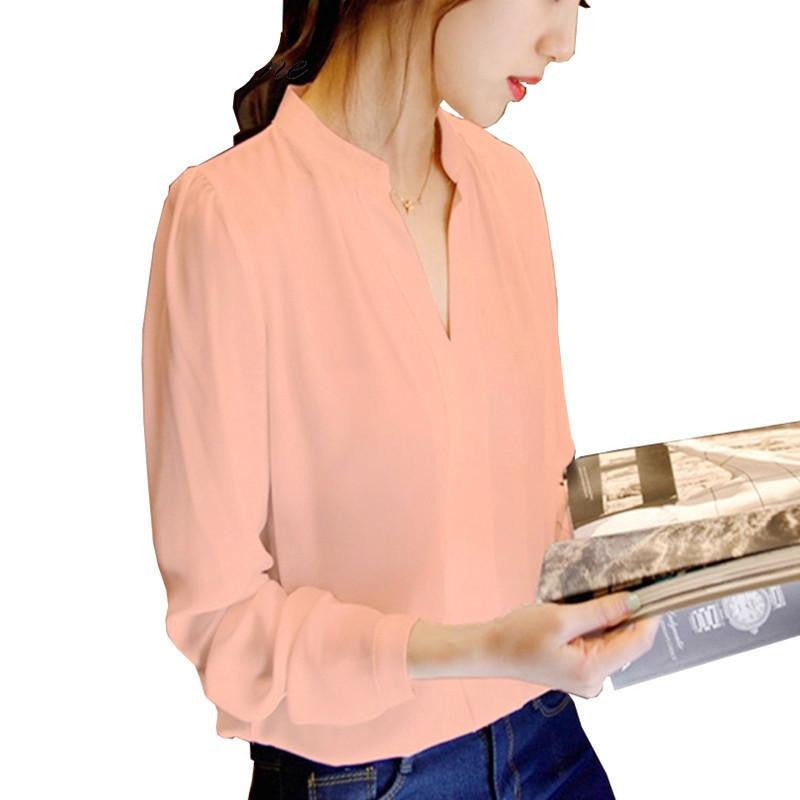 Tops Ladies White Pink Elegant V-neck Long Sleeve Shirts Women Chiffon Shirt Blouse Office Shirt Plus Size