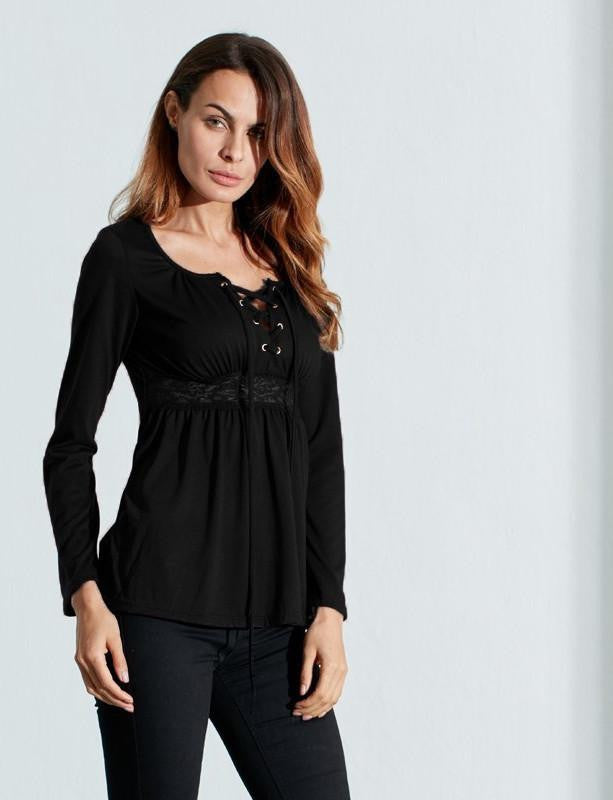 Women Blouses V Neck Long Sleeve Lace Patchwork Solid Tops Casual Plus Size Blouses Oversized