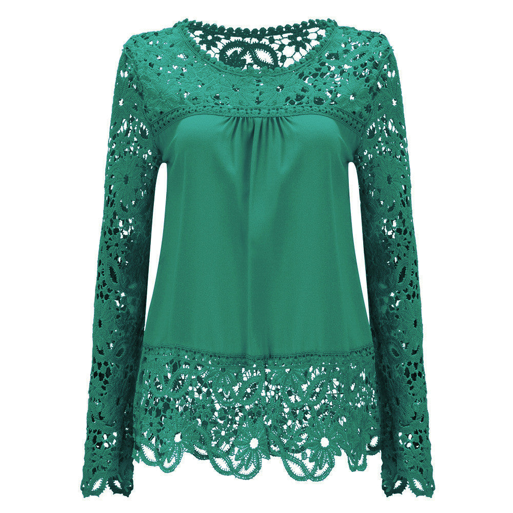 Plus Size 7XL Ladies Women's Long Sleeve Chiffon Lace Crochet Tops Blouses Women Clothing Blouse 21 colors