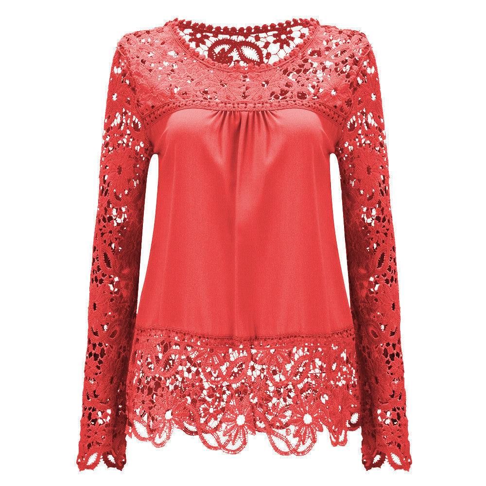 Plus Size 7XL Ladies Women's Long Sleeve Chiffon Lace Crochet Tops Blouses Women Clothing Blouse 21 colors
