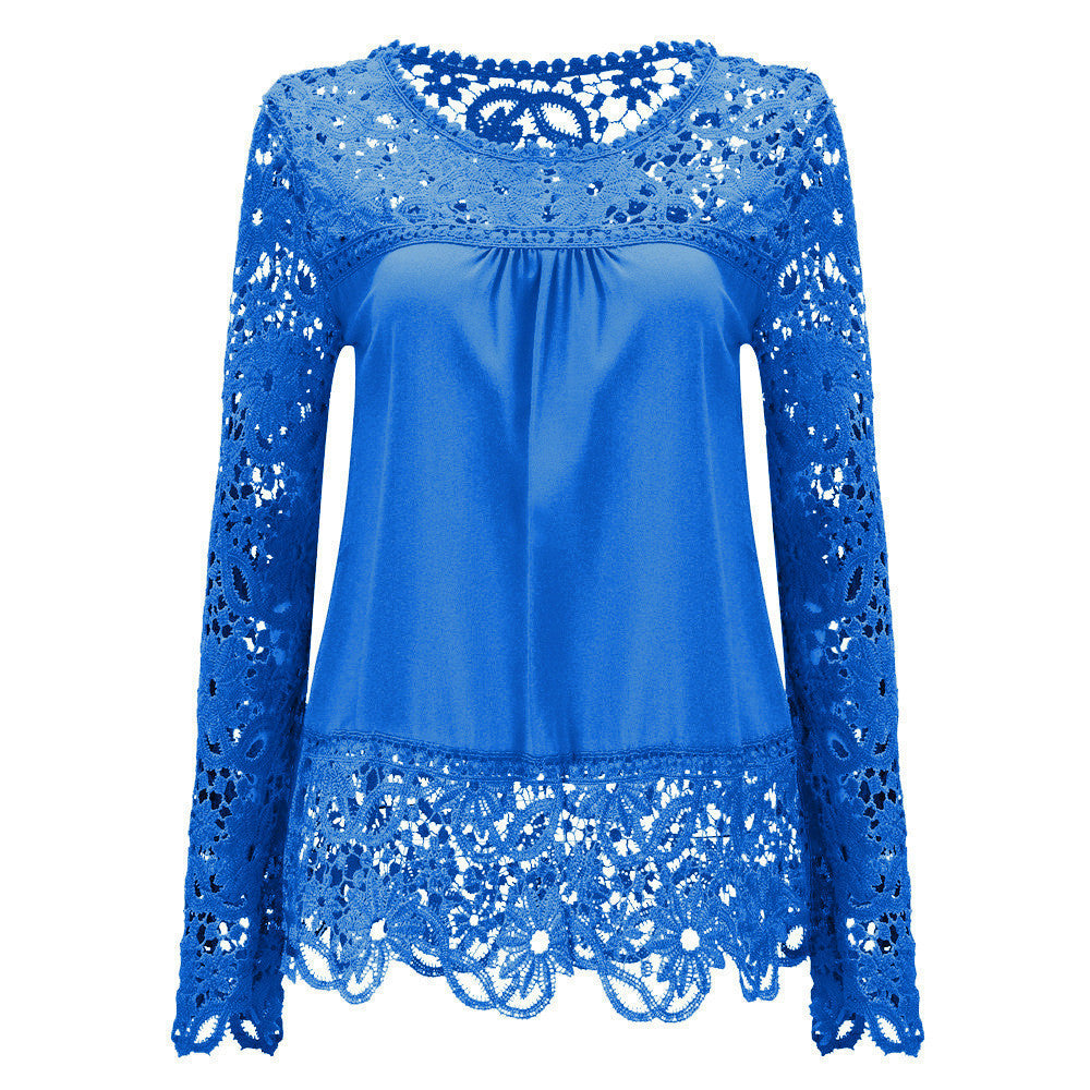 Plus Size 7XL Ladies Women's Long Sleeve Chiffon Lace Crochet Tops Blouses Women Clothing Blouse 21 colors
