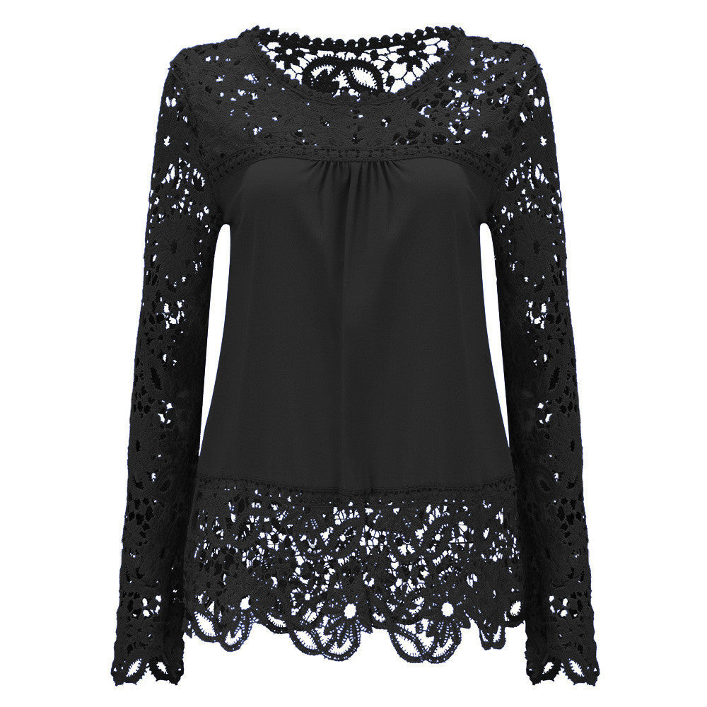 Plus Size 7XL Ladies Women's Long Sleeve Chiffon Lace Crochet Tops Blouses Women Clothing Blouse 21 colors