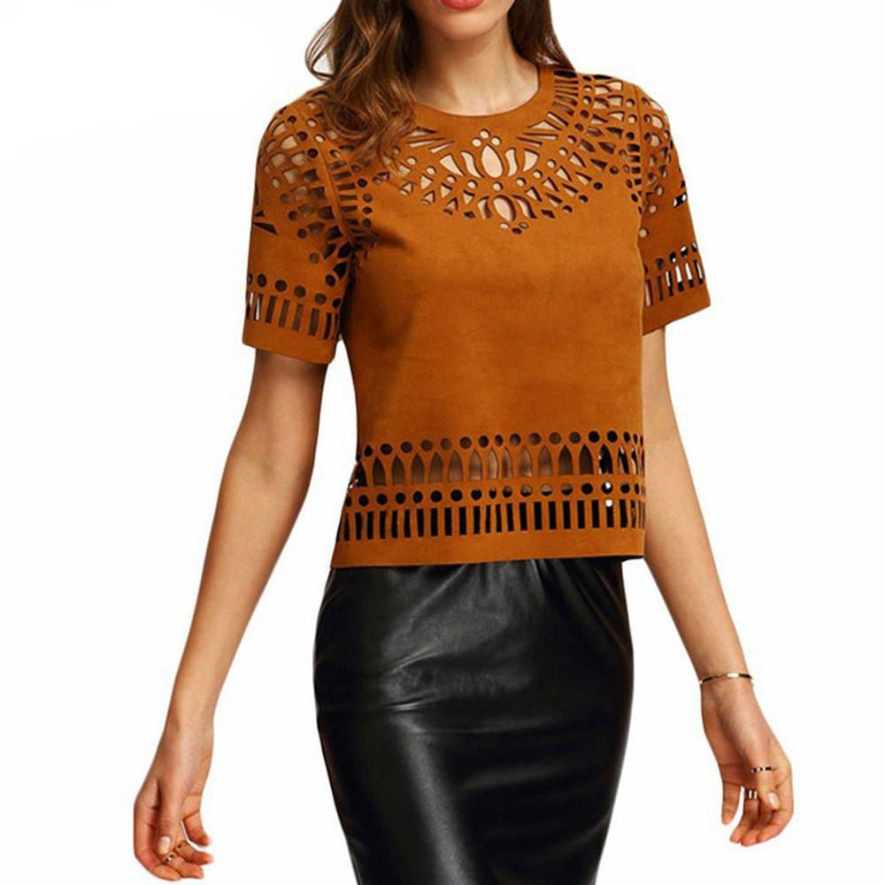 Online discount shop Australia - Female   Women Hollow Out T shirt Boho Suede Back Zipper Cut Out Short Sleeve T-shirt Top   Tee Shirts