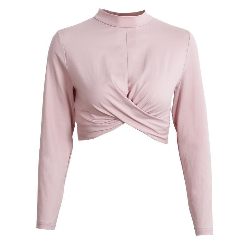 cross long sleeve crop top Women chic black fold short top tees slim party white blouse shirt