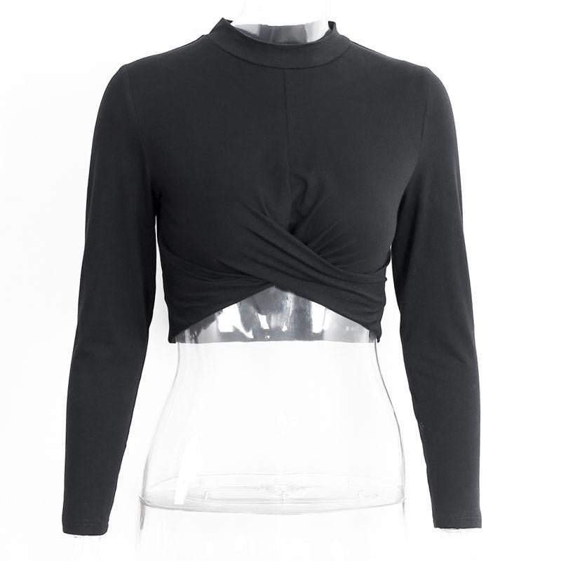 cross long sleeve crop top Women chic black fold short top tees slim party white blouse shirt