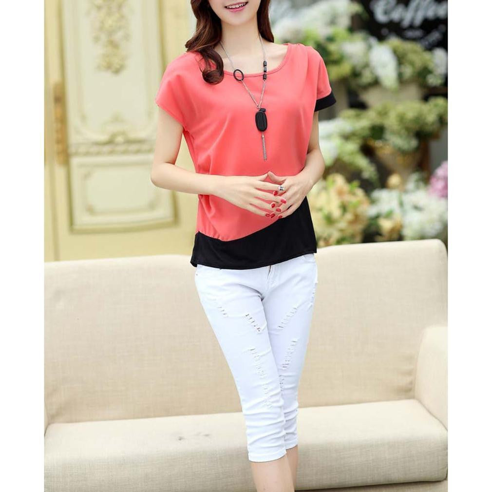 Online discount shop Australia - Chiffon Blouses Women New Casual Fashion Patchwork Short Sleeve Shirt Tops WTS480