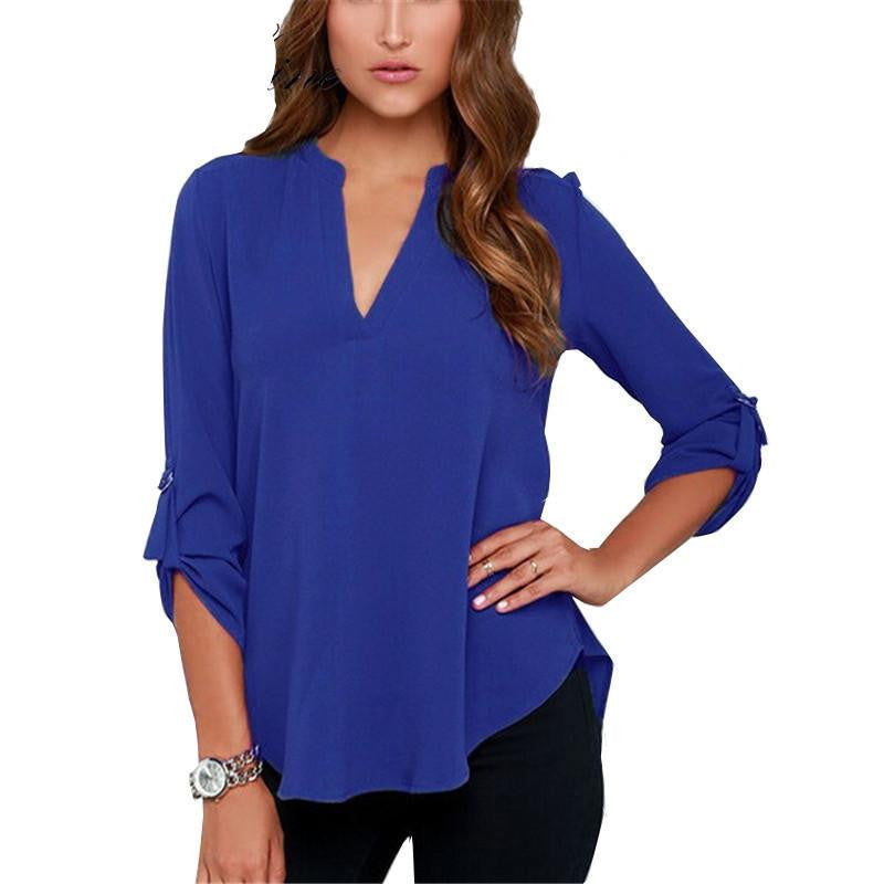 Tops Elegant V-Neck 7 Colors Causal Shirt Chiffon Women Blouses Ladies White Office Shirts Plus Size S-6Xl