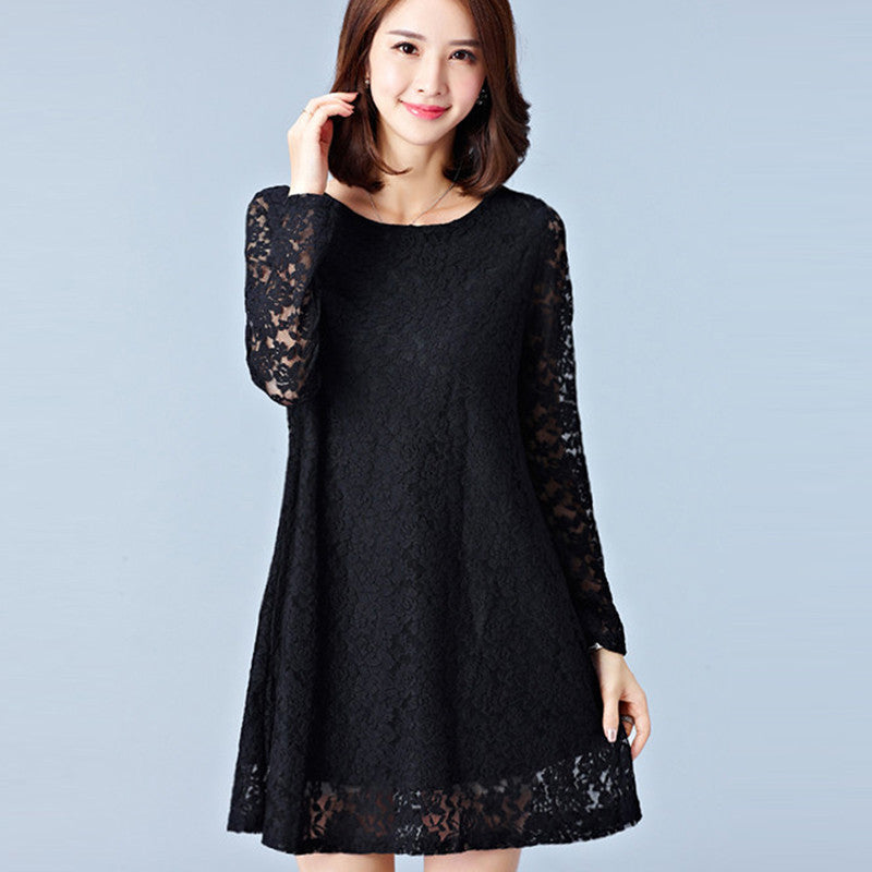 Online discount shop Australia - Dresses Plus Size Women Clothing Hollow Out Lace Dress Long Sleeve Ladies Office Dress Black #F139