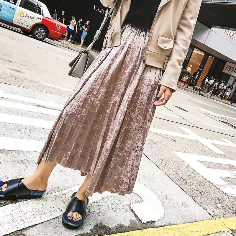 Online discount shop Australia - Metal Color Pleated Velvet Skirt Women High Waist New Fashion Clothing
