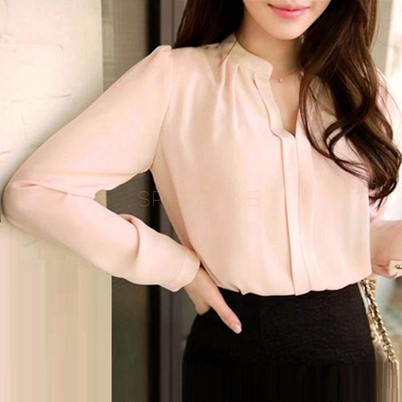 Elegant V-neck Long Sleeve Shirts Women Chiffon Shirt Blouse Ladies White Pink Female Office Shirt Plus Size