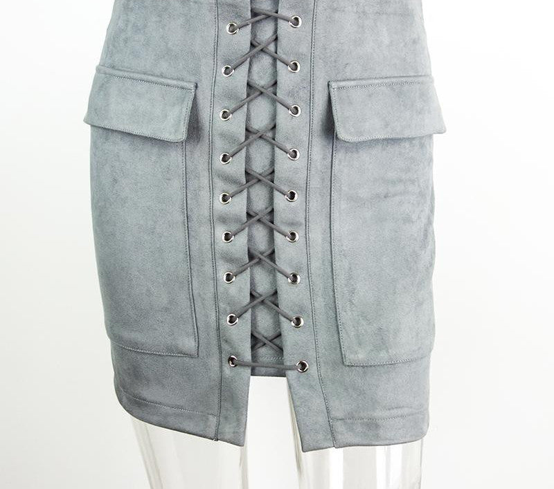 Online discount shop Australia - lace up suede leather women skirt 90's Vintage pocket preppy short skirt Winter high waist casual skirts