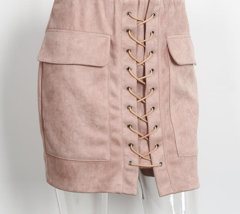 Online discount shop Australia - lace up suede leather women skirt 90's Vintage pocket preppy short skirt Winter high waist casual skirts