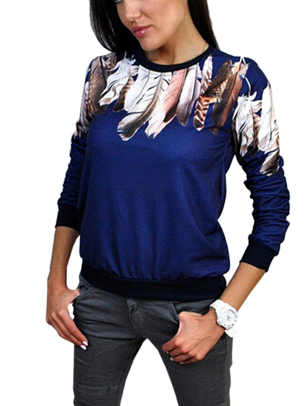 Online discount shop Australia - Feather Print Three Quarter Crewneck Pullover Jumper Outwear Blouse Top Tracksuit New Blue White Black 3 Color