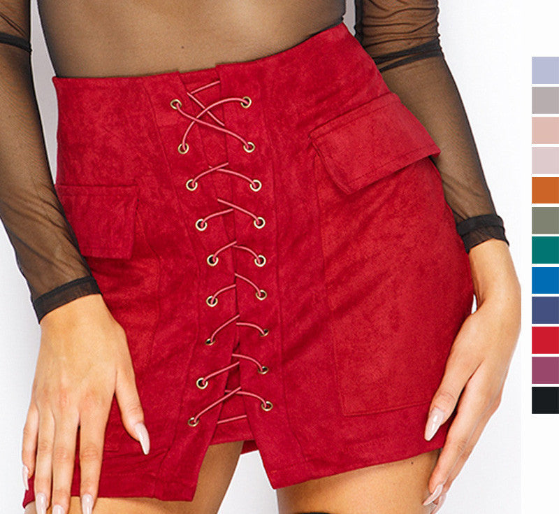 Online discount shop Australia - Chic lace-up faux suede women Pencil skirt pocket preppy short skirt 80's vintage leather skirt 12 col