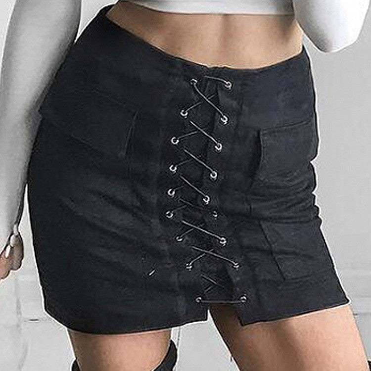 Online discount shop Australia - Chic lace-up faux suede women Pencil skirt pocket preppy short skirt 80's vintage leather skirt 12 col