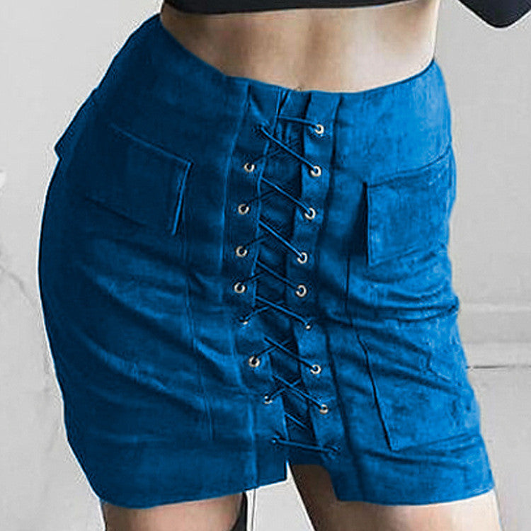 Online discount shop Australia - Chic lace-up faux suede women Pencil skirt pocket preppy short skirt 80's vintage leather skirt 12 col