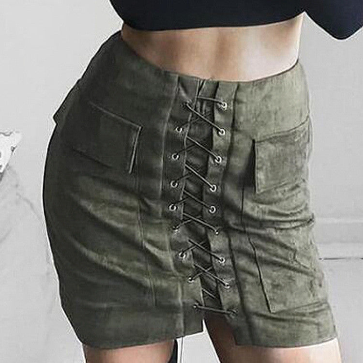 Online discount shop Australia - Chic lace-up faux suede women Pencil skirt pocket preppy short skirt 80's vintage leather skirt 12 col