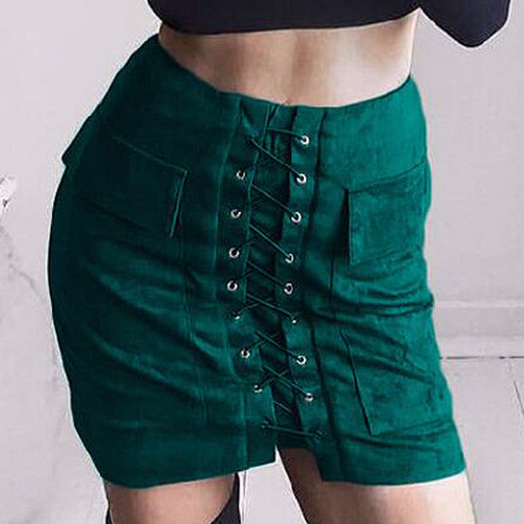 Online discount shop Australia - Chic lace-up faux suede women Pencil skirt pocket preppy short skirt 80's vintage leather skirt 12 col