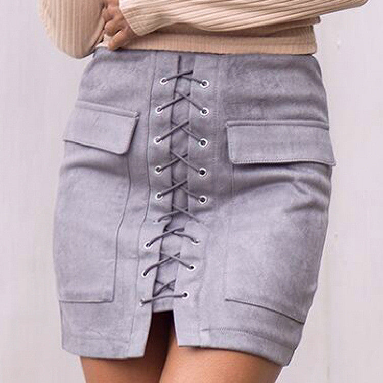 Online discount shop Australia - Chic lace-up faux suede women Pencil skirt pocket preppy short skirt 80's vintage leather skirt 12 col