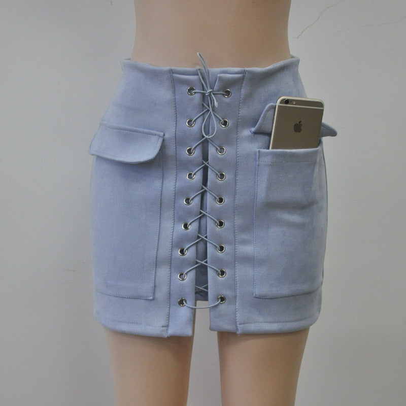 Online discount shop Australia - Chic lace-up faux suede women Pencil skirt pocket preppy short skirt 80's vintage leather skirt 12 col