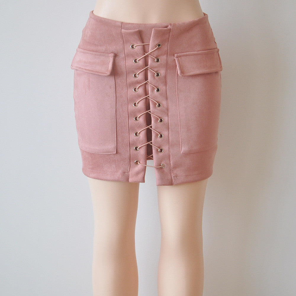 Online discount shop Australia - Chic lace-up faux suede women Pencil skirt pocket preppy short skirt 80's vintage leather skirt 12 col