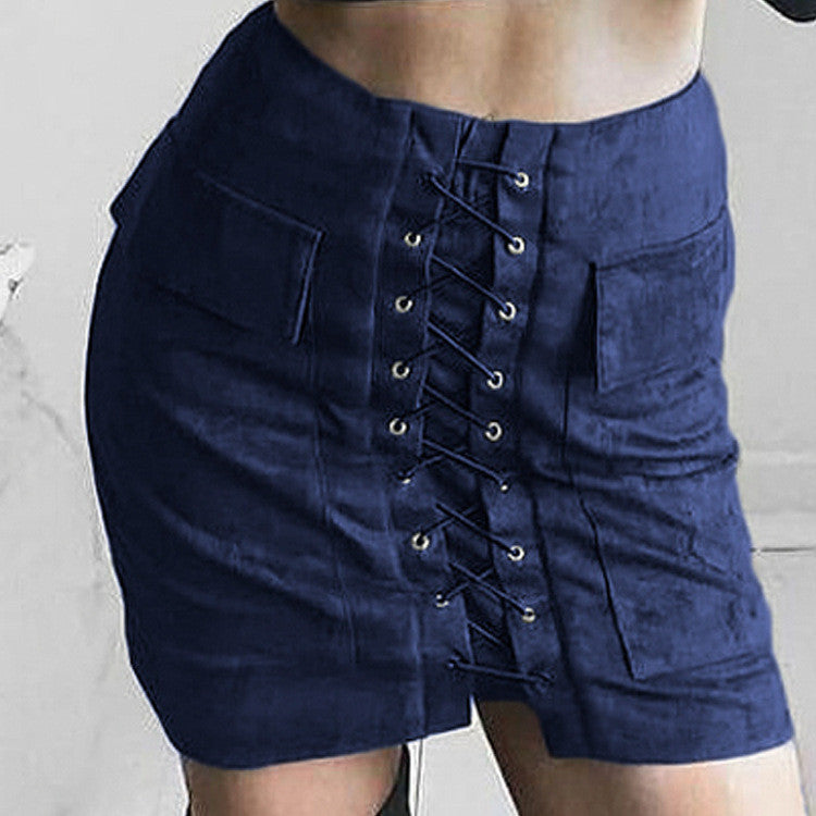 Online discount shop Australia - Chic lace-up faux suede women Pencil skirt pocket preppy short skirt 80's vintage leather skirt 12 col
