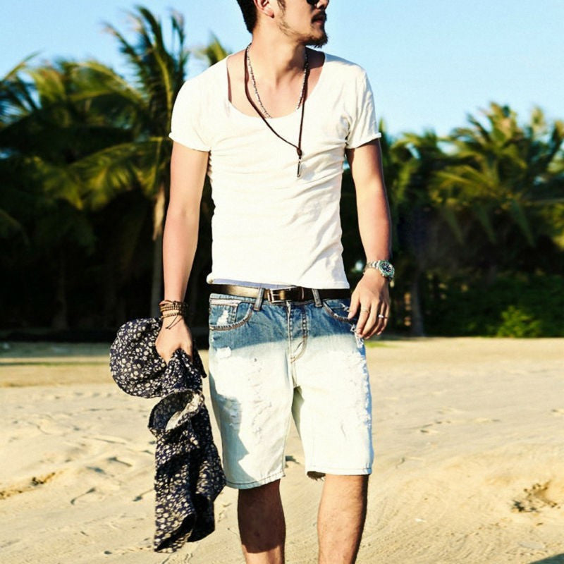 Online discount shop Australia - Men's Exclusive Pretty Tops V Neck Shorts Sleeve T Shirts Stunning Cut Off Border New Style #Q001