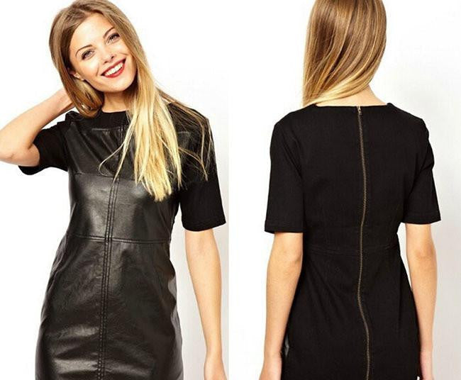 Women Dress Short Sleeve Knitted Leather Dresses O Neck Straight Mini Casual Dress Vestido Black 2003