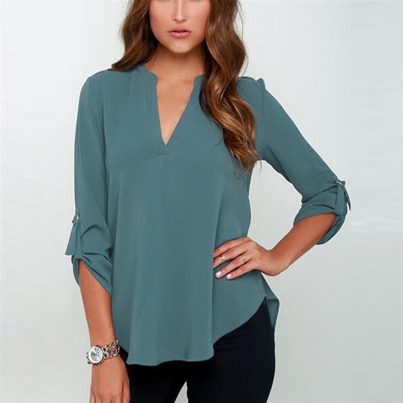 V Neck Solid Chiffon Blouse Top Fashion OL Style Long Sleeve Chiffon Shirt Blouse 7 Colors S-XXXXXL