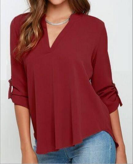V Neck Solid Chiffon Blouse Top Fashion OL Style Long Sleeve Chiffon Shirt Blouse 7 Colors S-XXXXXL