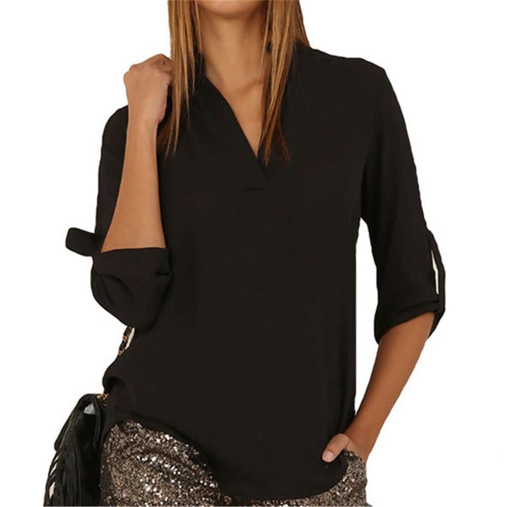 V Neck Solid Chiffon Blouse Top Fashion OL Style Long Sleeve Chiffon Shirt Blouse 7 Colors S-XXXXXL