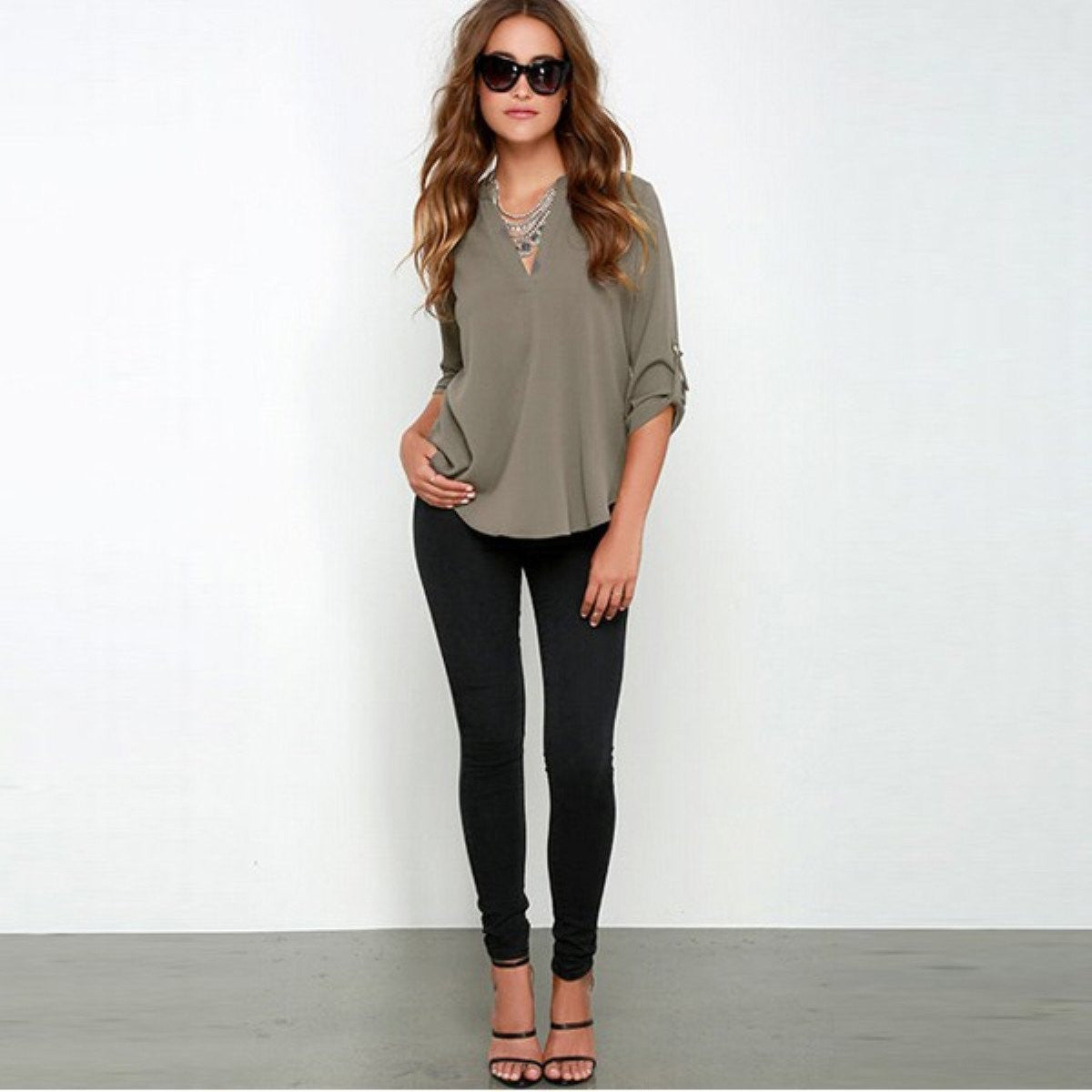 V Neck Solid Chiffon Blouse Top Fashion OL Style Long Sleeve Chiffon Shirt Blouse 7 Colors S-XXXXXL