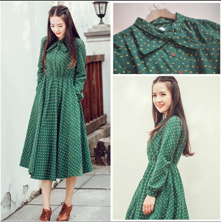 Online discount shop Australia - Cute green floral dress vintage ladies dresses Bohemian style autumn winter long sleeves all match new fashion long sleeve dress