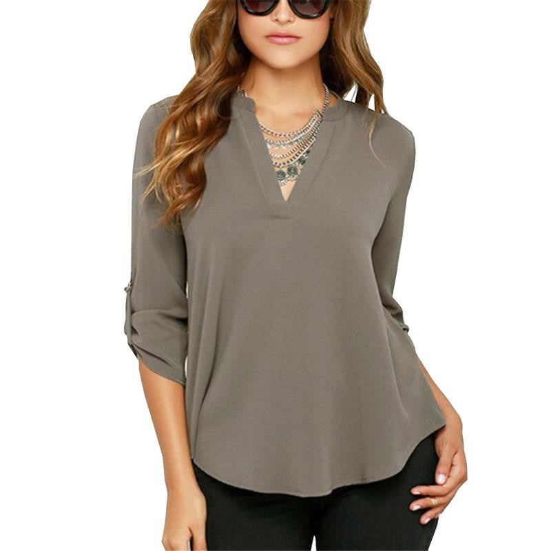 Women V-neck Chiffon Blouse Casual Long Sleeve Solid Shirts Tops Plus Size 5XL 1WBL074