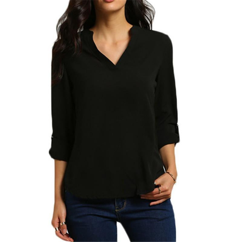 Women V-neck Chiffon Blouse Casual Long Sleeve Solid Shirts Tops Plus Size 5XL 1WBL074