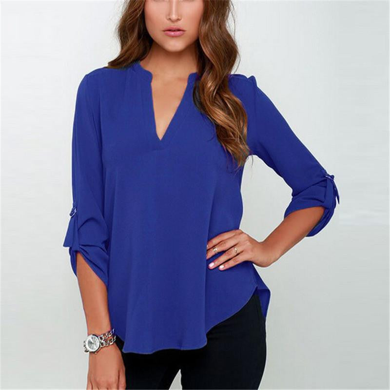 Women V-neck Chiffon Blouse Casual Long Sleeve Solid Shirts Tops Plus Size 5XL 1WBL074