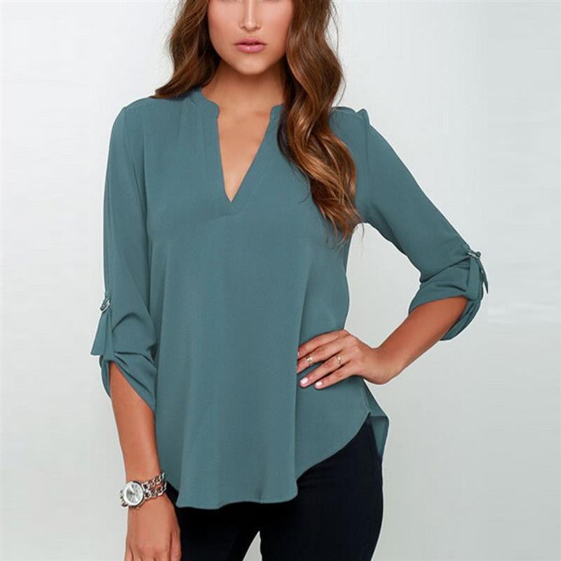 Women V-neck Chiffon Blouse Casual Long Sleeve Solid Shirts Tops Plus Size 5XL 1WBL074