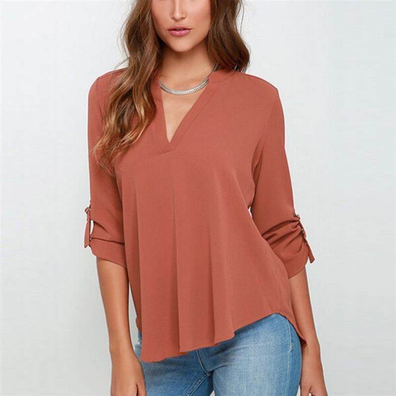 Women V-neck Chiffon Blouse Casual Long Sleeve Solid Shirts Tops Plus Size 5XL 1WBL074